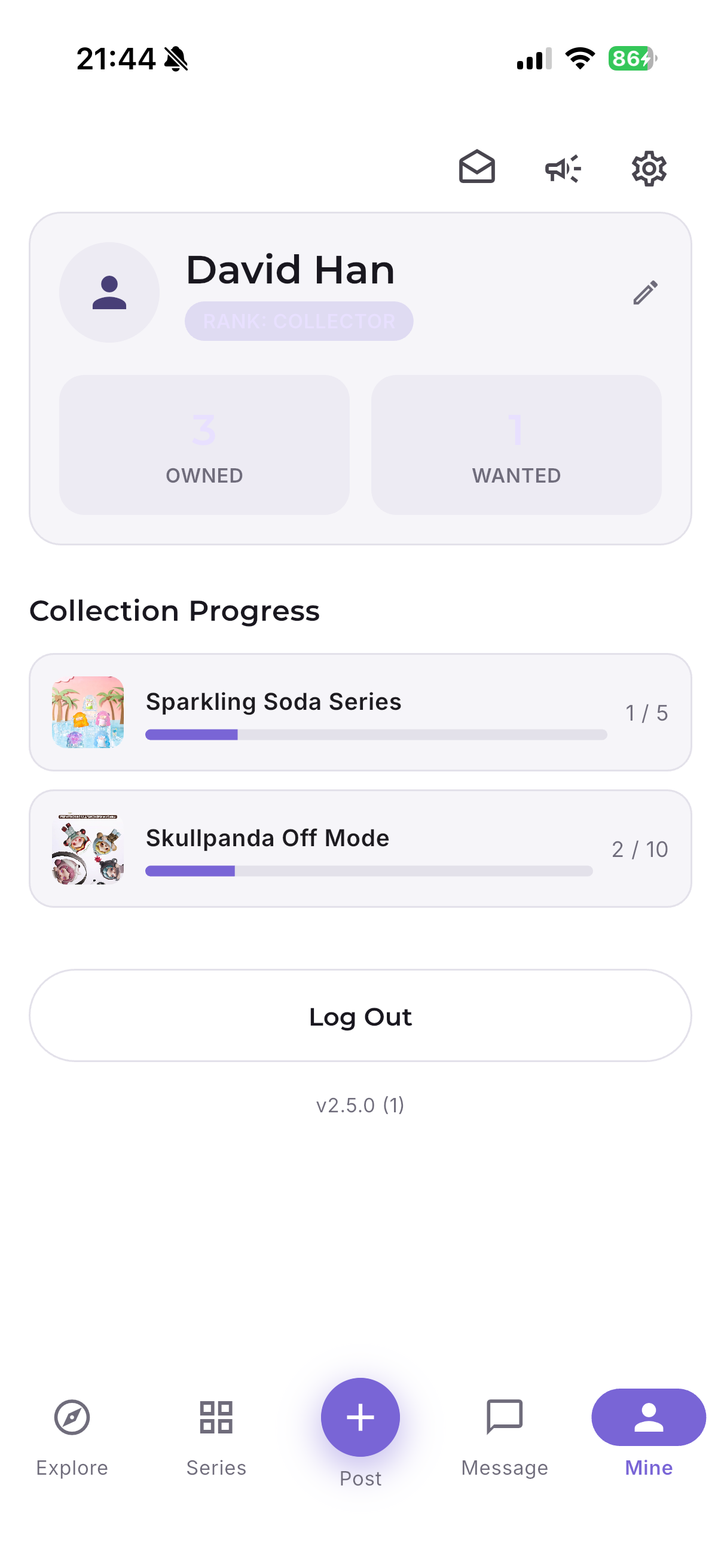 Toy Hub Mine screen — track owned and wanted collection progress